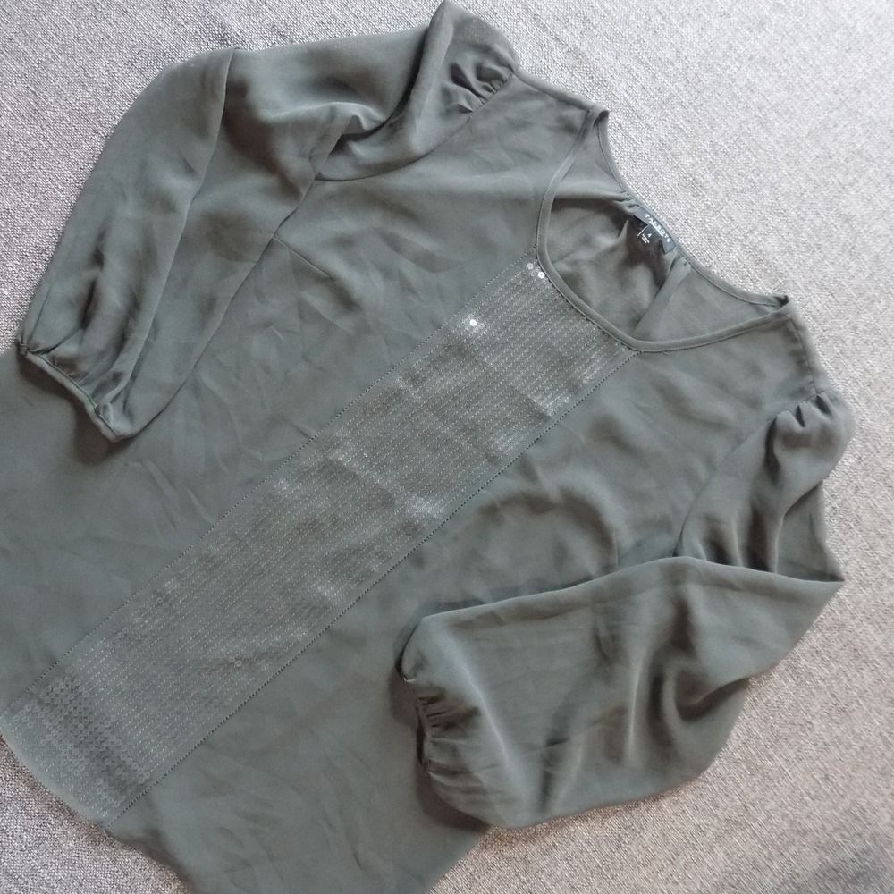 Talbots Blouse Women 4 Olive Green Excellent Sequin Panel Long Sleeve Round Neck